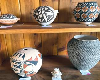 Multiple pieces of Acoma pottery including Roberta Trujillo + Rachel Aragon, also Santa Clara + Navajo (Gerald Pinto)