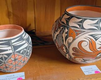 Multiple pieces of Acoma pottery including Roberta Trujillo + Rachel Aragon, also Santa Clara + Navajo (Gerald Pinto)
