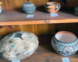 Multiple pieces of Acoma pottery including Roberta Trujillo + Rachel Aragon, also Santa Clara + Navajo (Gerald Pinto)