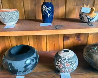 Multiple pieces of Acoma pottery including Roberta Trujillo + Rachel Aragon, also Santa Clara + Navajo (Gerald Pinto)