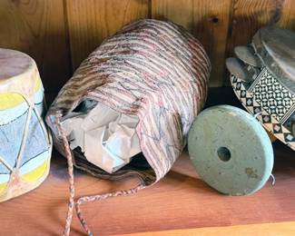 Small Native American drum, woven coka leaf bag, Moroccan tambourine