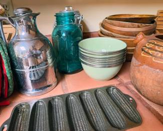 Cast iron cornbread mold, wooden bowls