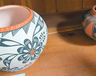 Multiple pieces of Acoma pottery including Roberta Trujillo + Rachel Aragon, also Santa Clara + Navajo (Gerald Pinto)