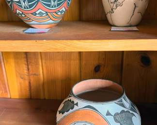 Multiple pieces of Acoma pottery including Roberta Trujillo + Rachel Aragon, also Santa Clara + Navajo (Gerald Pinto)
