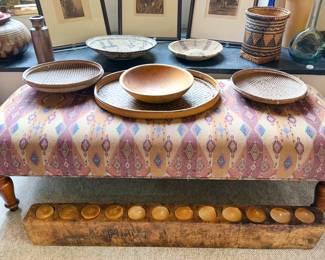 Upholstered bench, assorted baskets