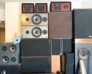 Large assortment of speakers in unknown working condition: Polk Audio, Mission Electronics, Alesis Monitor One, JBL, ESS Performance Series