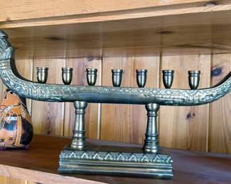 Vintage Thai brass dragon boat candle holder