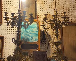 Pair of ornate antique French Rococco brass candelabra lamps - 38"