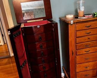 #232 Wooden Jewelry Armoire Mahogany w/2 side open doors and lift-up top w/mirror w/8 drawers - 18x12x41 $75.00