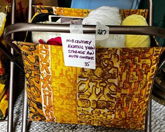 #227 Mid centruy knitting yarn storage bini w/contents $35.00