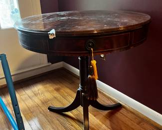 #113 Wood Antique Round Drum Table w/1 drawer on pedestal - 26" round x 27T (as is finish) $75.00