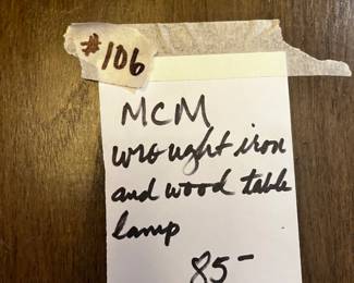 #106 MCM Wrought Iron and Wood Table Lamp - 60" Tall $85.00