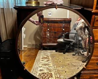#209 Antique Round Wood Mirror - 32T x 26" Round $50.00