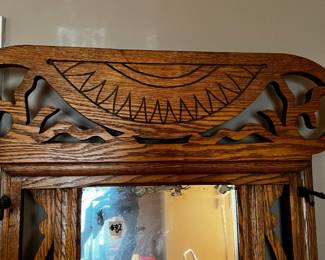 #82 Antique Hall Tree w/5 Hooks (missing one hook) w/Bench Seat and Mirror - has wood carving on top - 28Wx14Dx80T $175.00