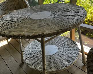 #188 White Painted Wicker Round Table (as is condition) on paint - 37" Round x 31" Tall $50.00