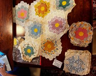 #109 Unfinished Approx 40 Through the barn Door Blocks, 20 Grandmothers Flower Garden, and one unfinished Partial Quilt $75.00