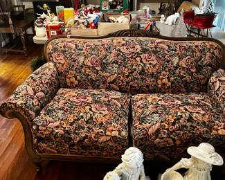 #121 Tapestry Covered Camel Back w/wood Frame and Carved Arms parlor loveseat - 64L $75.00