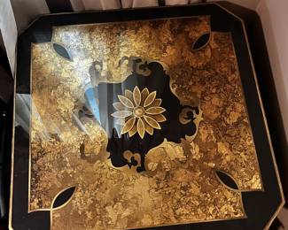 #237 27" sq x 24" tall Rococo Revival Black and Gold End Table Glass Inlay Top $100.00