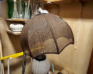 #267 Mid-Century Style 1970s Wicker Swag Lamp with White Globe $45.00