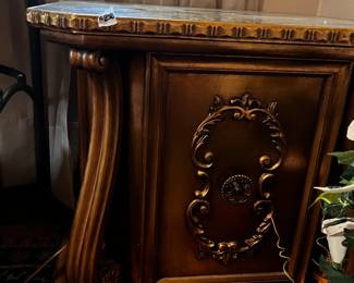 #237 27" sq x 24" tall Rococo Revival Black and Gold End Table Glass Inlay Top $100.00