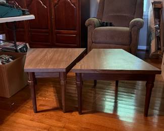 #134 Wood Look Wedge Set of 2 tables - 25Lx25Lx12Wx16T (one has small finish issues $45.00