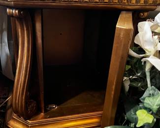 #237 27" sq x 24" tall Rococo Revival Black and Gold End Table Glass Inlay Top $100.00