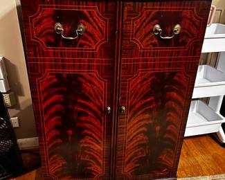 #203 Vintage Figured Mahogany Veneer made from old radio cabinet w/2 doors and inside Has Glass Shelf - 26.5x24x38 and glass protect top $125.00
