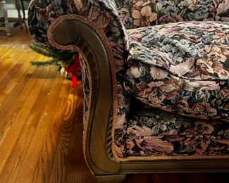 #121 Tapestry Covered Camel Back w/wood Frame and Carved Arms parlor loveseat - 64L $75.00