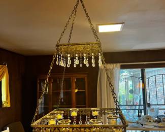 #103 Large Hanging Candelabra w/8 Candle holders w/pierced Flor De Leis Metal Work 2 tier - 18square Bottom, 10Square Top tier $80.00