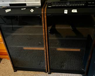 #222 Black Stereo Cabinet w/laminate sides - 3 shelves, glass front 19x16x35 (you move downstairs) $25.00