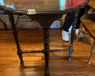 #129 AntiqueWood Octoganal Table - 26"D x 28T w/Cross Hatch Legs (as is finish on top ad bottom) $75.00