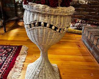 #105 White Wicker Plant Stand (as is some wobbly) - 24" Tall $20.00