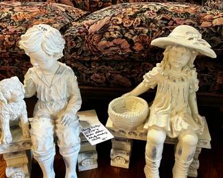 #120 Pair of Vintage Garden Statues (likely made of chalk) 20Tx14W Each - sold as a pair $40.00
