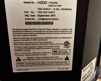 #202 Vizio TV w/remote 26" $50.00