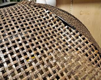 #267 Mid-Century Style 1970s Wicker Swag Lamp with White Globe $45.00