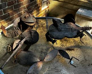 #14 Rusted Frog Band Yard Art - Frog Flutist, Bass Player and Drummer - set of 3 (some parts need reattaching) - Average height is 21" Per piece $75.00