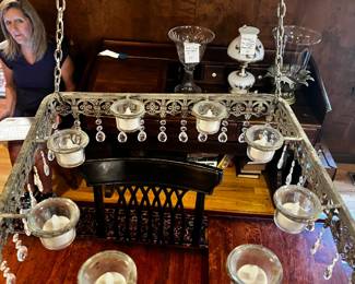 #103 Large Hanging Candelabra w/8 Candle holders w/pierced Flor De Leis Metal Work 2 tier - 18square Bottom, 10Square Top tier $80.00