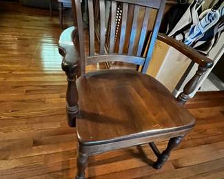 #152 Vintage Solid Wood Slat-Back Armchair - Courthouse style. Some wear on seat finish $45.00