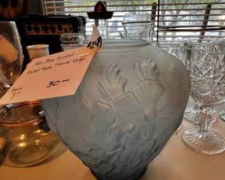 #249 Tiffin Blue Frosted Raised Poppy Flower Vase - Approx 8" $30.00