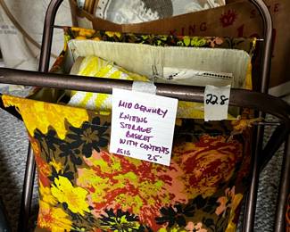 #227 Mid centruy knitting yarn storage bini w/contents $35.00