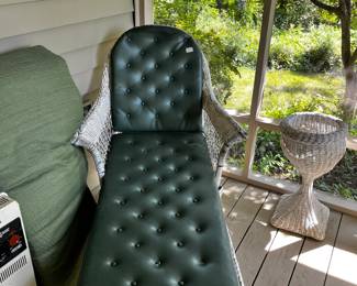 #191 White Wicker Chaise Lounger w/green vinyl Cushion (as is cushion and paint) $40.00