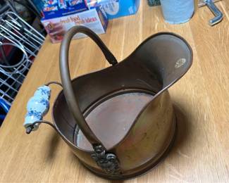 Copper Coal Scuttle with Porcelain Handl
