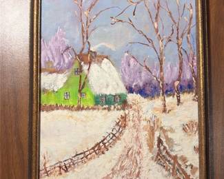 Folk Winter Cottage Oil Painting