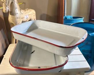 2 White Enamel Roasting Pans w/ Red Rim