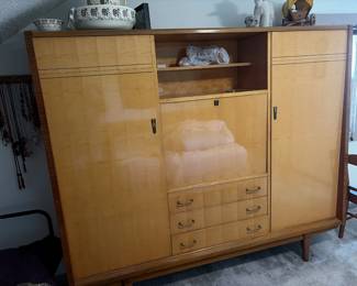 FB P38 Teak Highboard Wall Unit Cabinet with DropFront Bar Drawers Sliding Doors