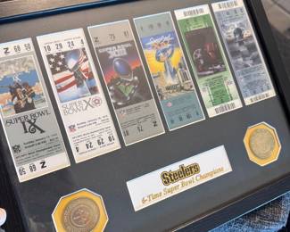 Framed Steelers Super Bowl Tickets and coins