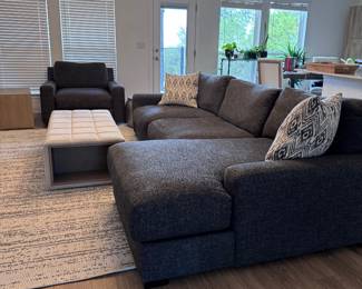 Sofa, swivel accent chair, coffee table