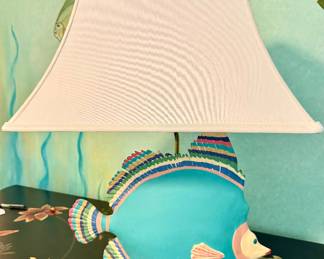 $80 Pottery painted fish lamp