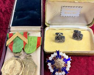 Two Belgian orphans, War, relief, medals, Japanese firefighter merit medal and Beverly Hills Silver cufflinks