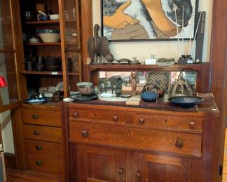 wood cabinet, wall art